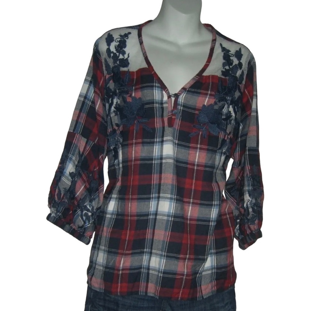 Faith & Zoe Blouse Plaid Flannel Lace Embroidered Flowers Plus Size Red Blue 1X